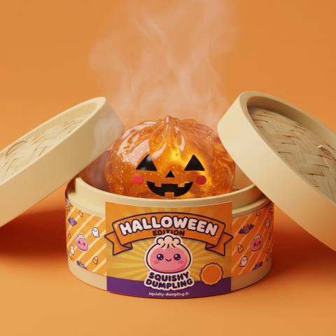 Squishy Dumpling Citrouille Halloween Luminoso en su cesta de vapor de bambú