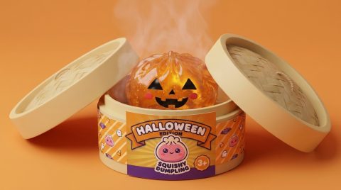 Squishy Dumpling Calabaza Halloween Luminoso en su cesta de vapor de bambú
