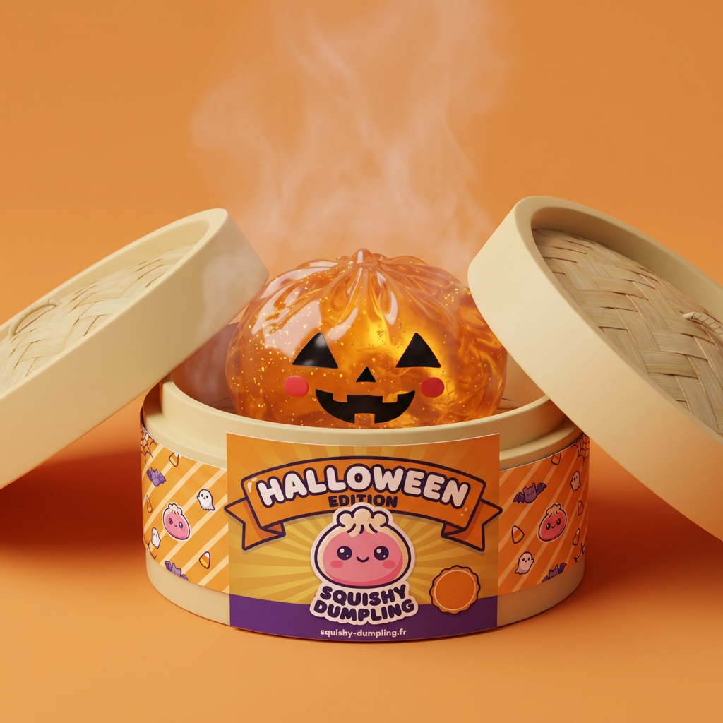 Squishy Dumpling Citrouille Halloween Luminoso en su cesta de vapor de bambú