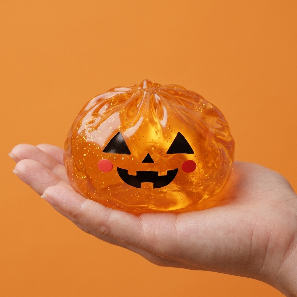 Squishy Dumpling Citrouille Halloween Luminoso en la mano, tamaño real