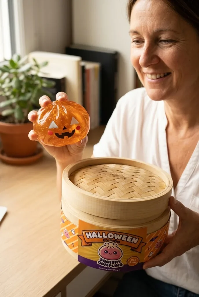 Squishy Dumpling Citrouille Halloween Luminoso con su cesta de vapor de bambú