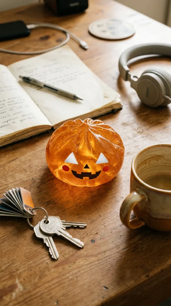 Squishy Dumpling Citrouille Halloween Luminoso en un escritorio