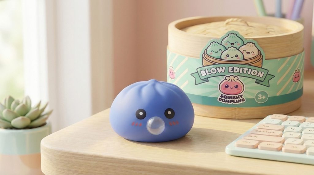 Dumpling Squishy Violeta Hinchado y Suave en un ambiente de escritorio