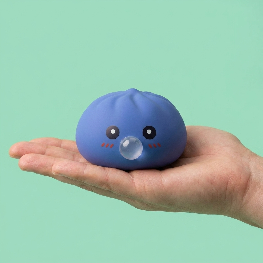 Dumpling Squishy Violeta Hinchado y Suave en la mano, tamaño real