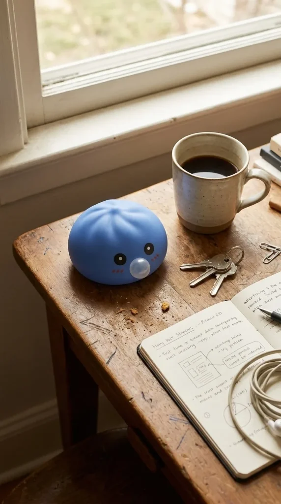 Dumpling Squishy Violeta Hinchado y Suave en un escritorio