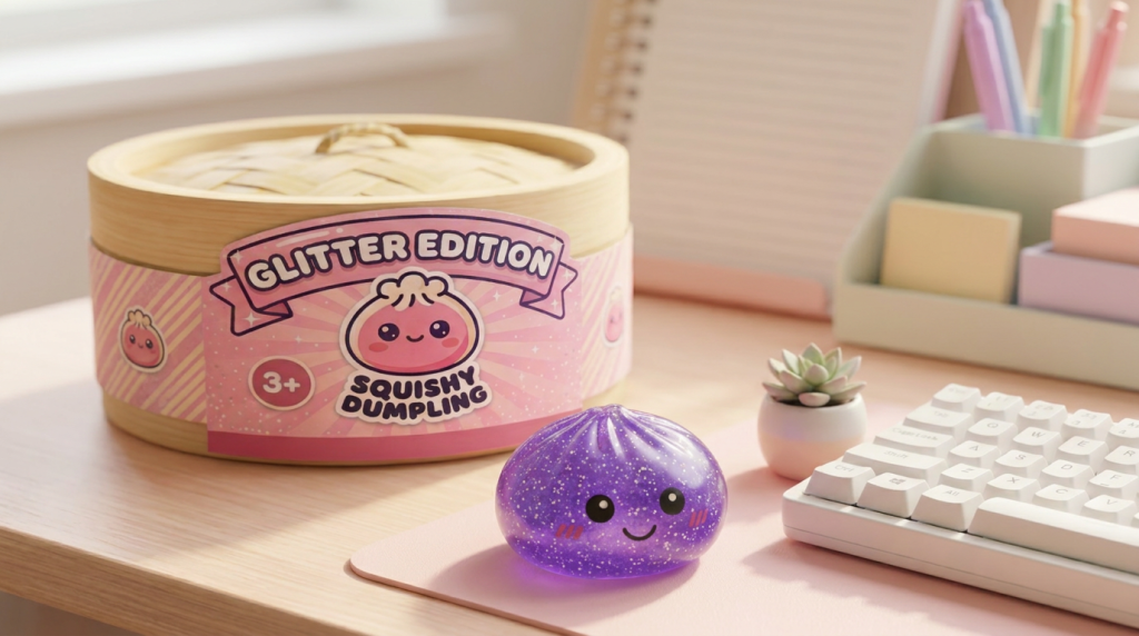 Glitter Dumpling Squishy Violeta Soñador en un ambiente de escritorio