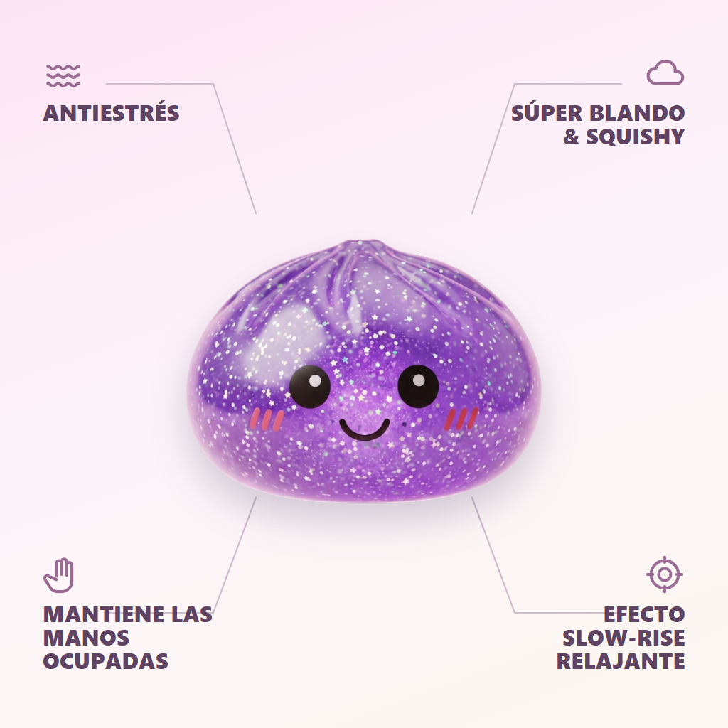 Glitter Dumpling Squishy Violeta Soñador — antiestrés, ultra blando, efecto slow-rise