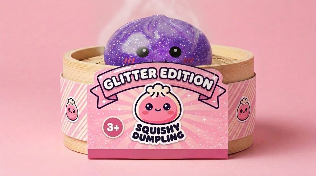 Glitter Dumpling Squishy Violeta Soñador en su cesta de vapor de bambú