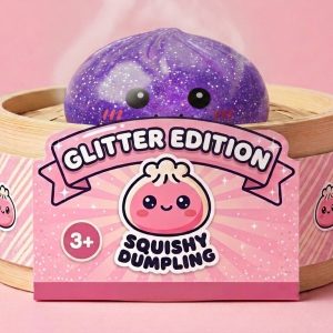 Glitter Dumpling Squishy Violeta Soñador en su cesta de vapor de bambú