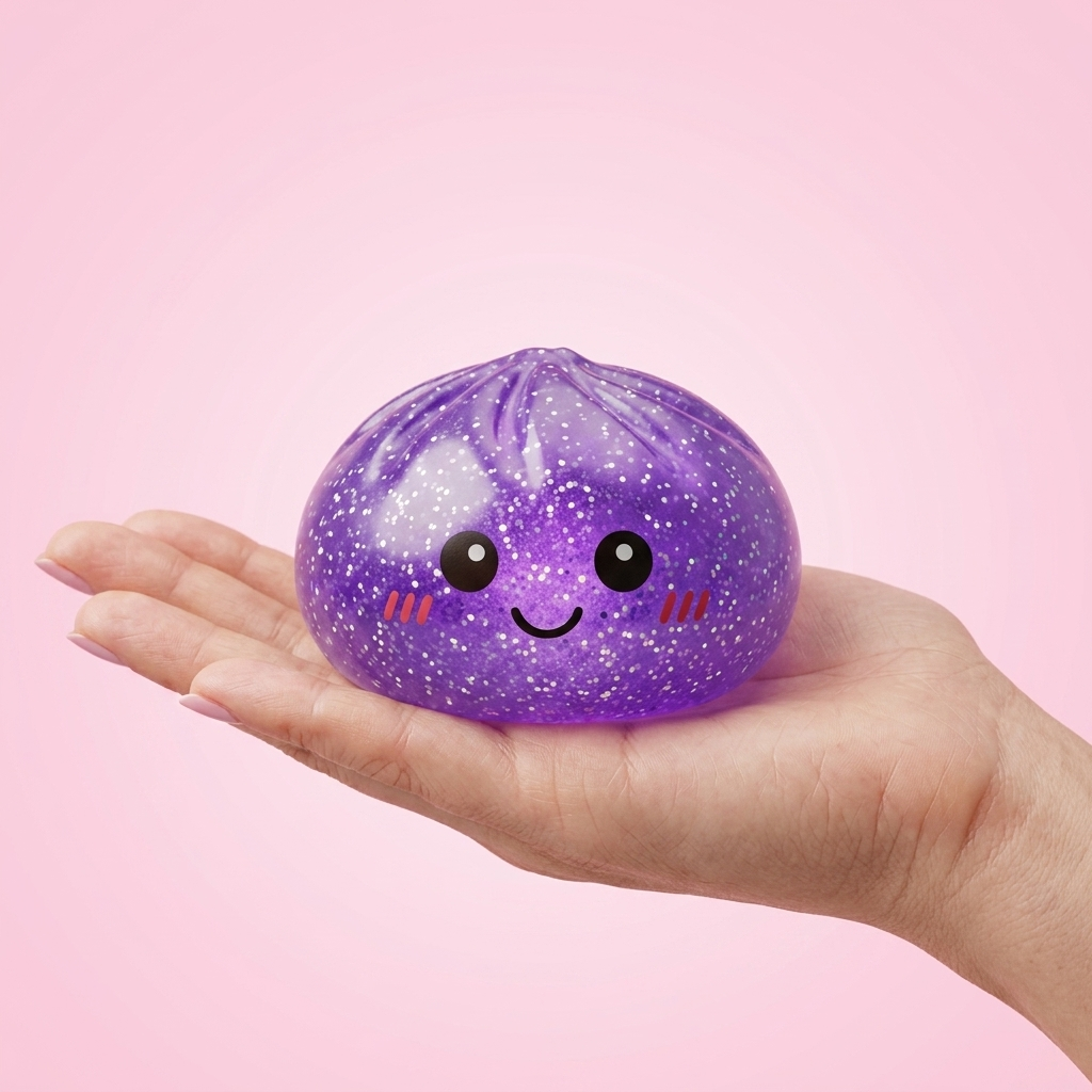 Glitter Dumpling Squishy Violeta Soñador en la mano, tamaño real