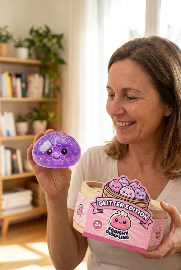 Glitter Dumpling Squishy Violeta Soñador con su cesta de vapor de bambú