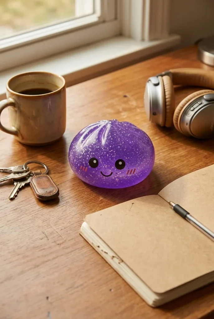 Glitter Dumpling Squishy Violeta Soñador en un escritorio