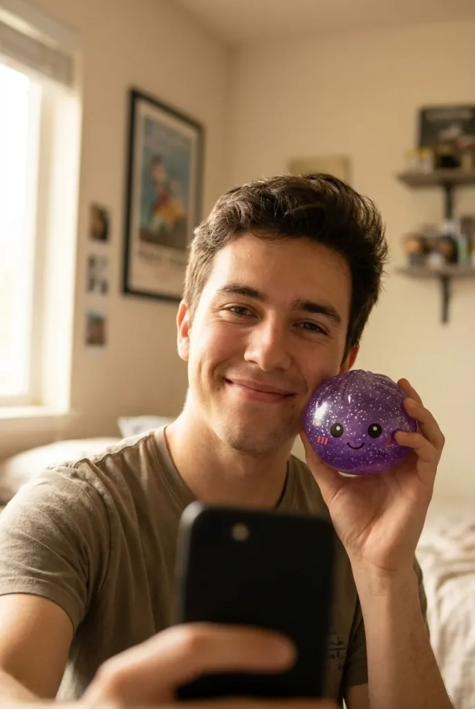 Glitter Dumpling Squishy Violeta Soñador cerca de la cara