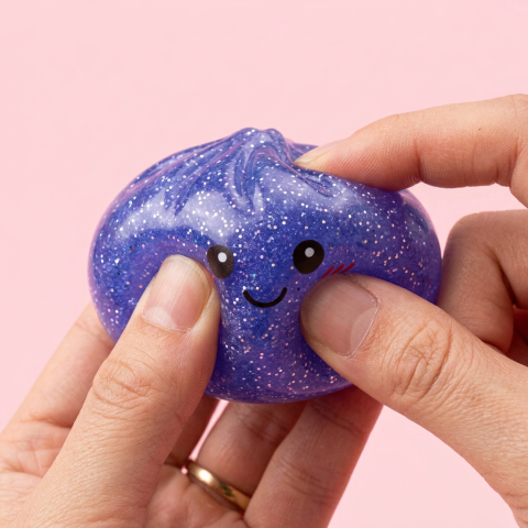 Glitter Dumpling Squishy Violeta Soñador — efecto slow-rise, la espuma recupera su forma