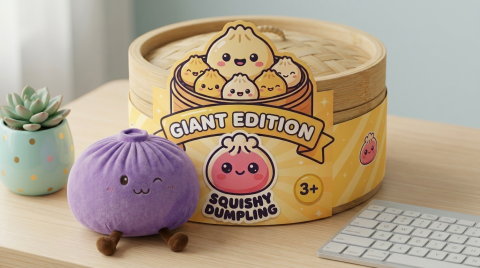 Dumpling Squishy Gigante Violeta en un ambiente de escritorio