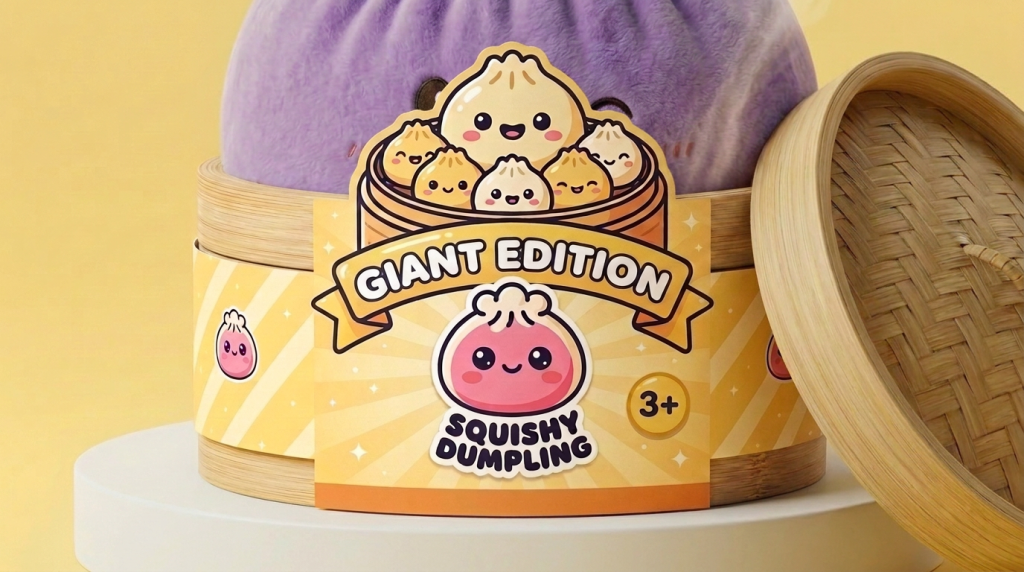Dumpling Squishy Gigante Violeta en su cesta de vapor de bambú