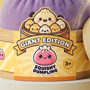 Dumpling Squishy Gigante Violeta en su cesta de vapor de bambú