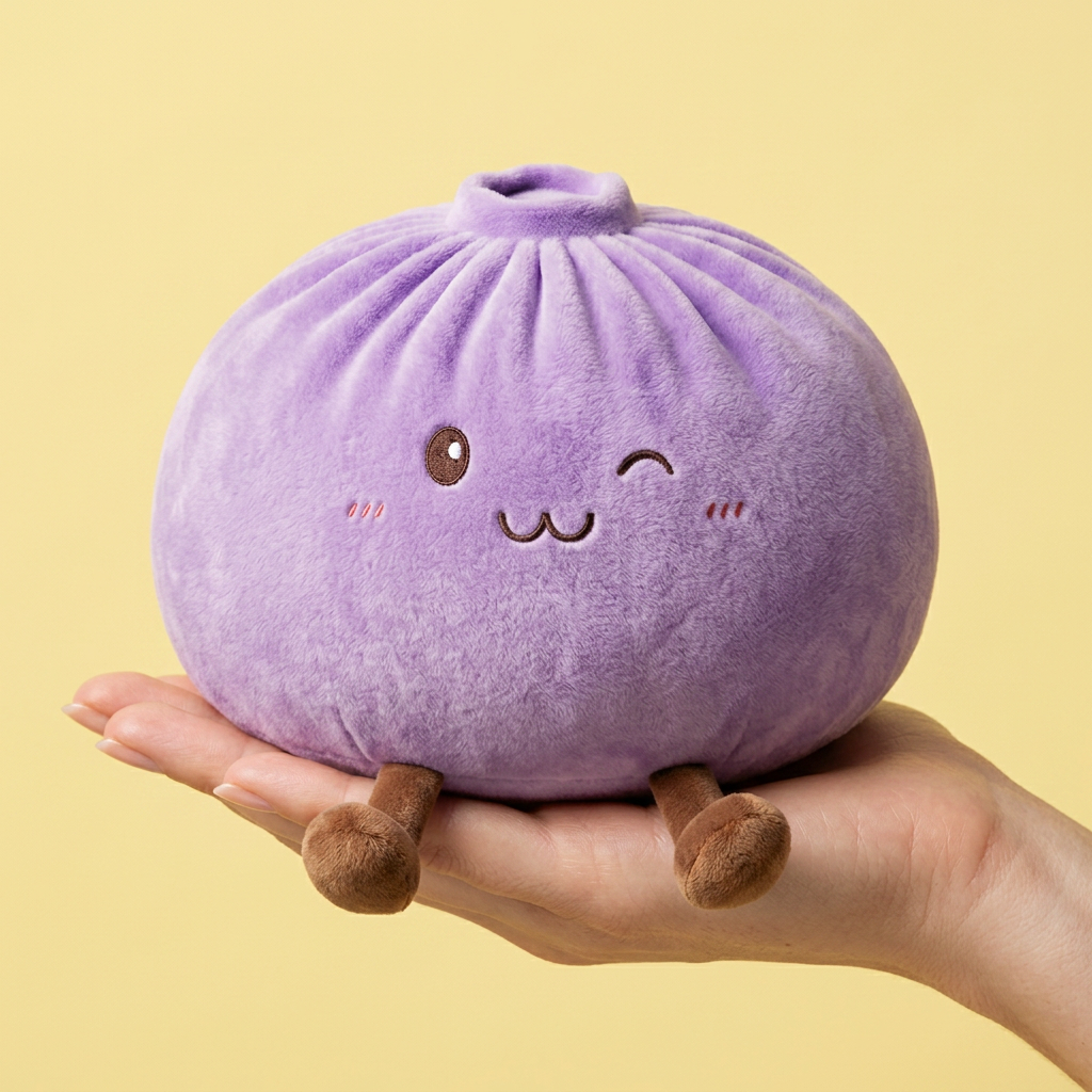 Dumpling Squishy Gigante Violeta en la mano, tamaño real