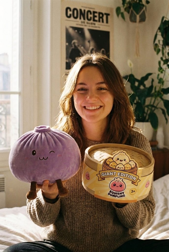 Dumpling Squishy Gigante Violeta con su cesta de vapor de bambú