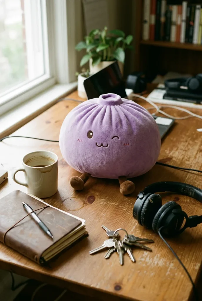 Dumpling Squishy Gigante Violeta en un escritorio