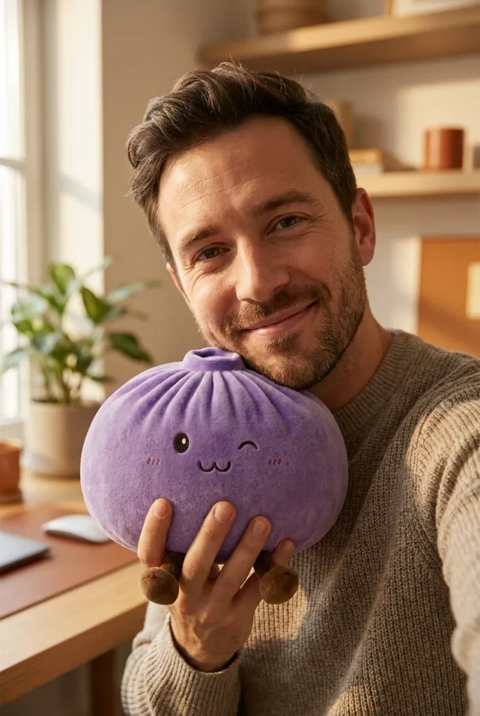 Dumpling Squishy Gigante Violeta cerca de la cara
