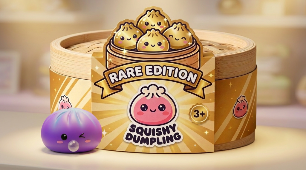 Dumpling Squishy Rare Blow Púrpura Cósmico en un ambiente de escritorio