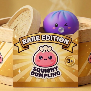 Dumpling Squishy Rare Blow Púrpura Cósmico en su cesta de vapor de bambú