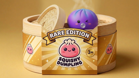 Dumpling Squishy Rare Blow Púrpura Cósmico en su cesta de vapor de bambú