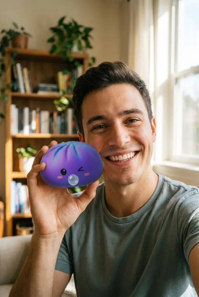 Dumpling Squishy Rare Blow Púrpura Cósmico cerca de la cara