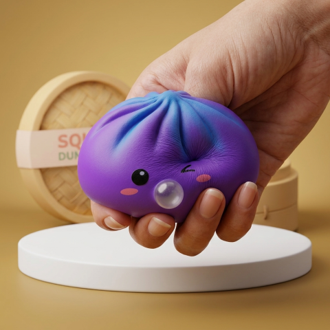 Dumpling Squishy Rare Blow Púrpura Cósmico — efecto slow-rise, la espuma recupera su forma