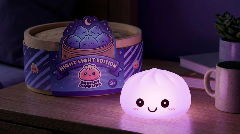 Dumpling Squishy Luz Nocturna Violeta Suave en un ambiente de escritorio