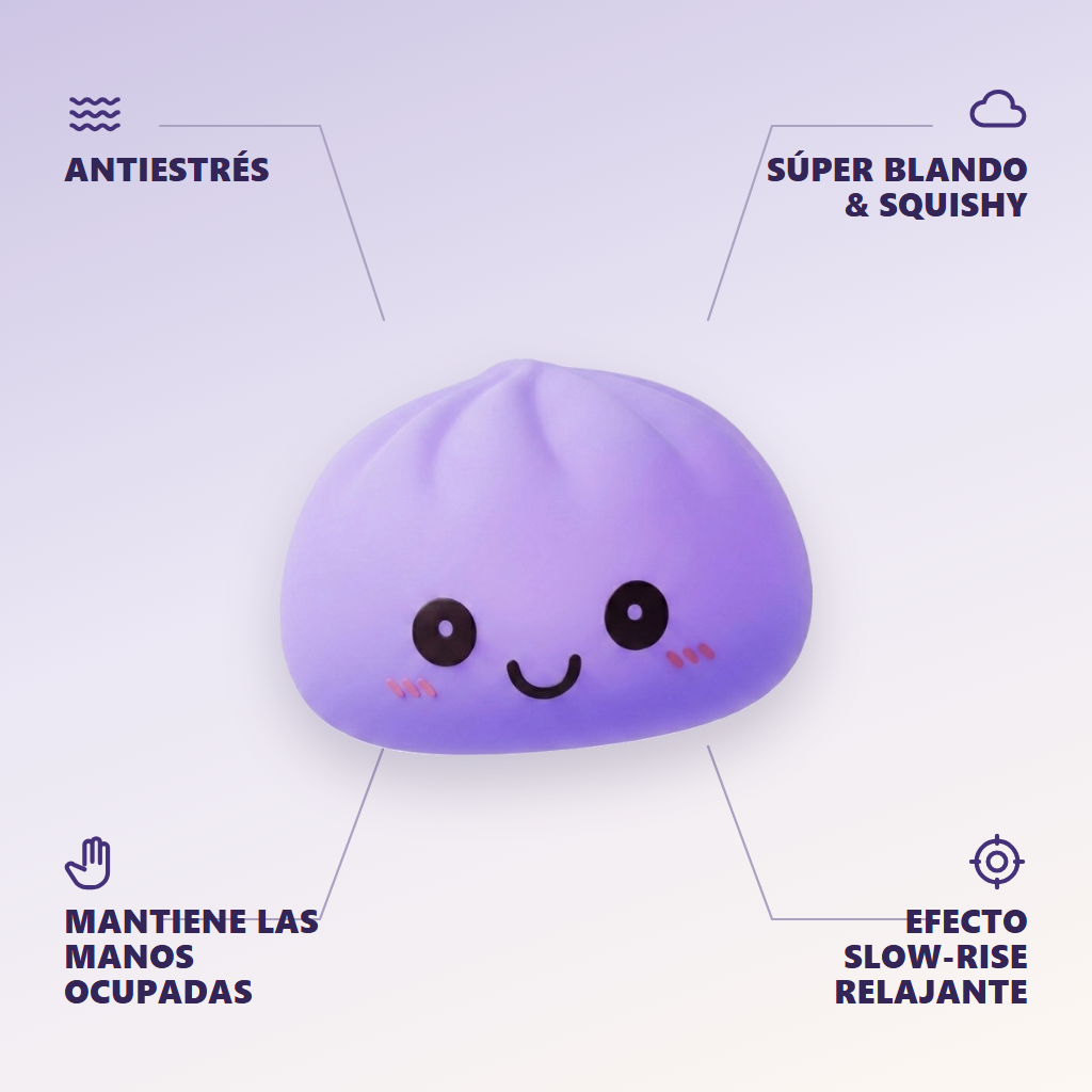 Dumpling Squishy Luz Nocturna Violeta Suave — antiestrés, ultra blando, efecto slow-rise