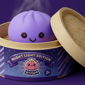 Dumpling Squishy Luz Nocturna Violeta Suave en su cesta de vapor de bambú