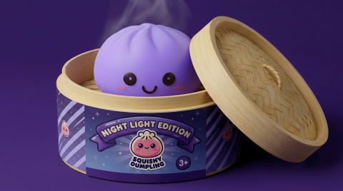 Dumpling Squishy Luz Nocturna Violeta Suave en su cesta de vapor de bambú