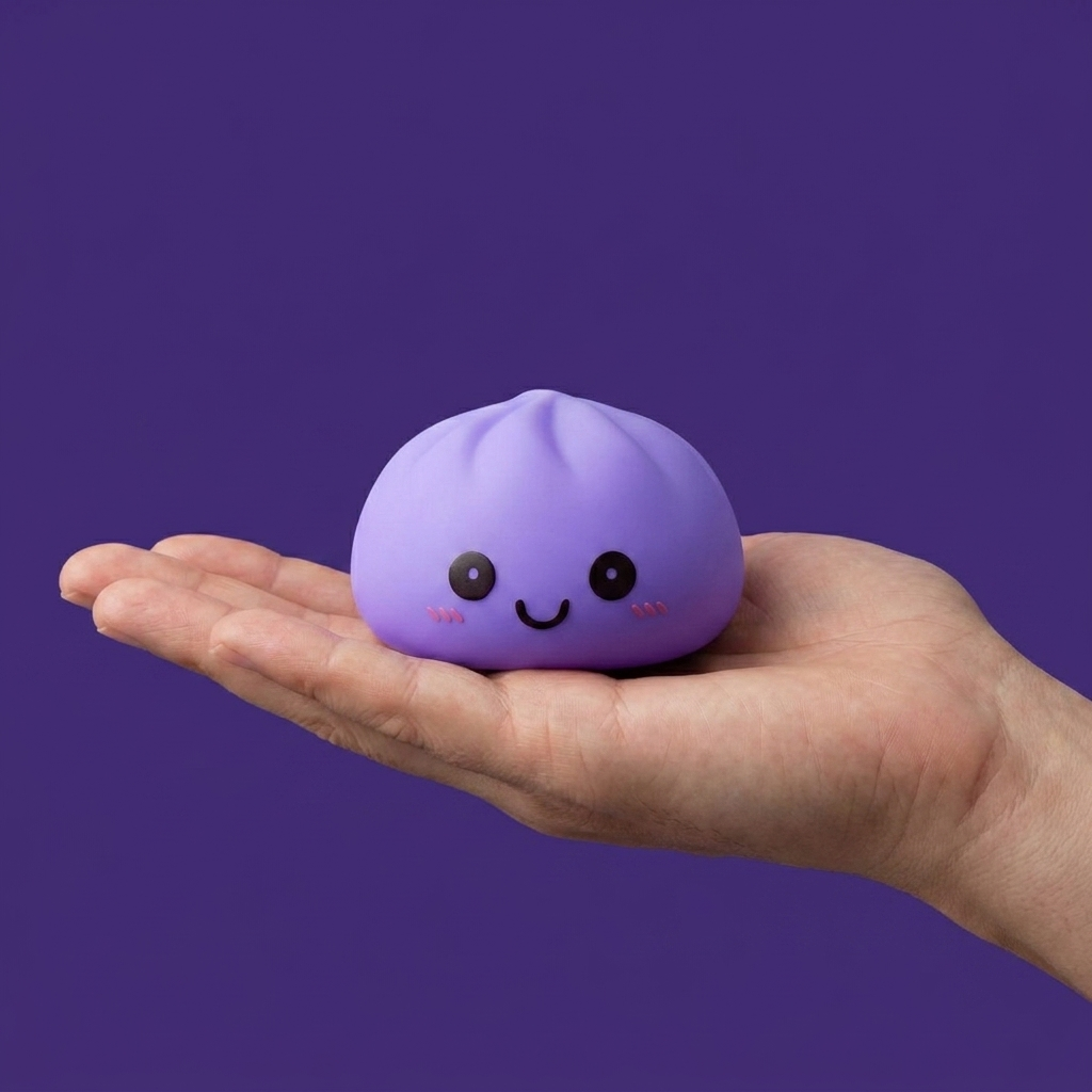 Dumpling Squishy Luz Nocturna Violeta Suave en la mano, tamaño real