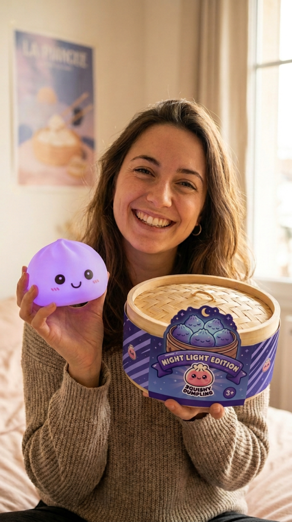 Dumpling Squishy Luz Nocturna Violeta Suave con su cesta de vapor de bambú