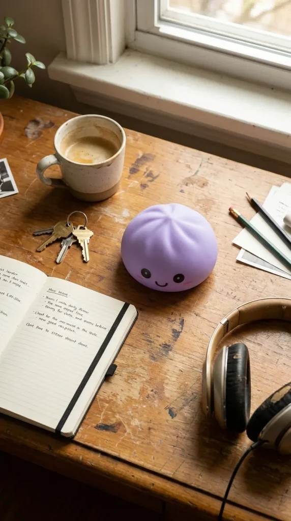 Dumpling Squishy Luz Nocturna Violeta Suave en un escritorio