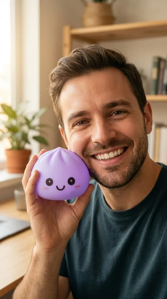 Dumpling Squishy Luz Nocturna Violeta Suave cerca de la cara