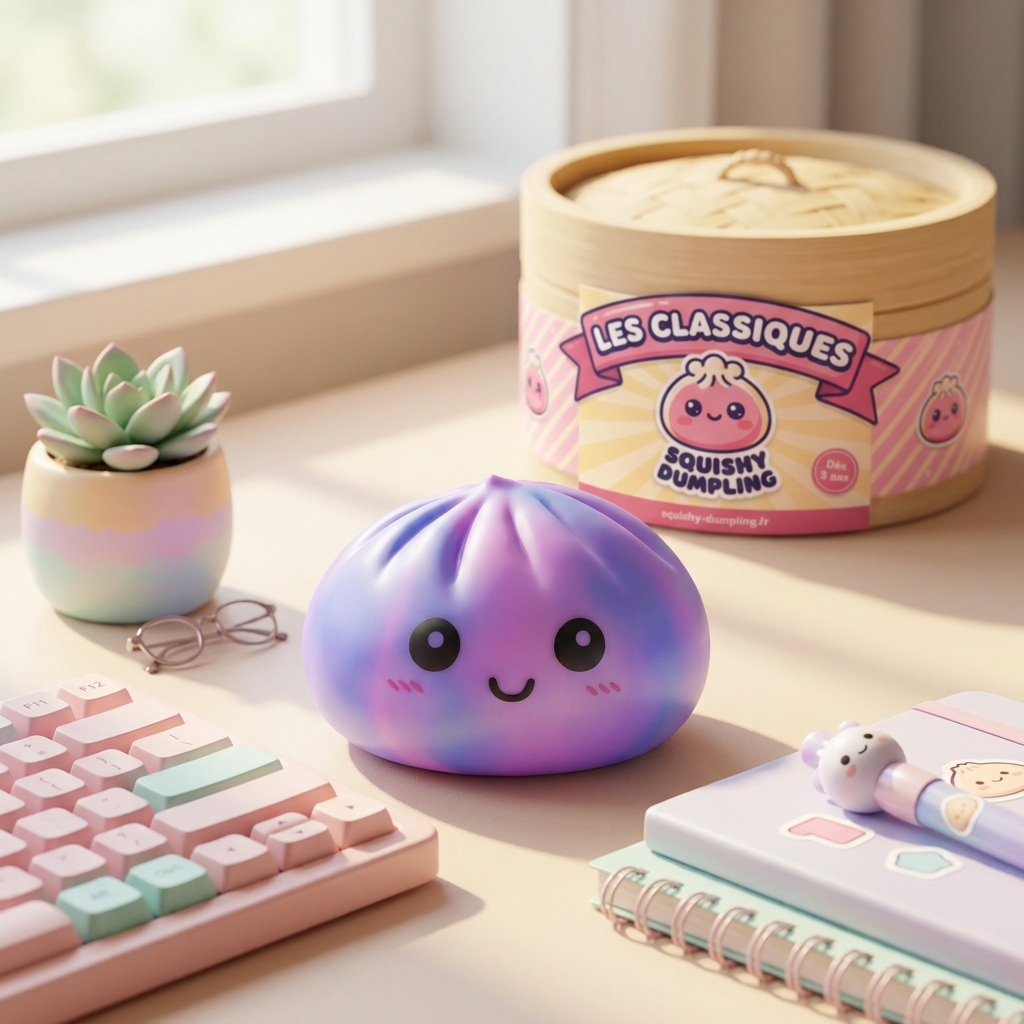 Squishy Dumpling Tie Dye Violeta en un ambiente de escritorio
