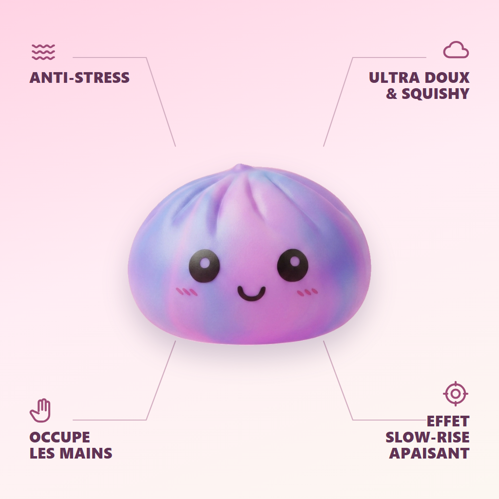 Squishy Dumpling Tie Dye Violeta — antiestrés, ultra blando, efecto slow-rise