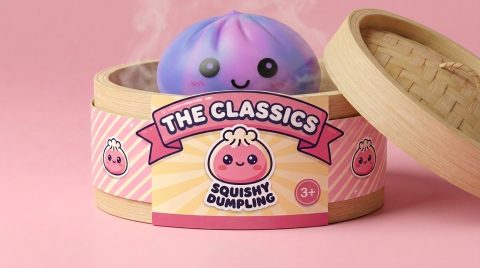 Squishy Dumpling Tie Dye Violeta en su cesta de vapor de bambú