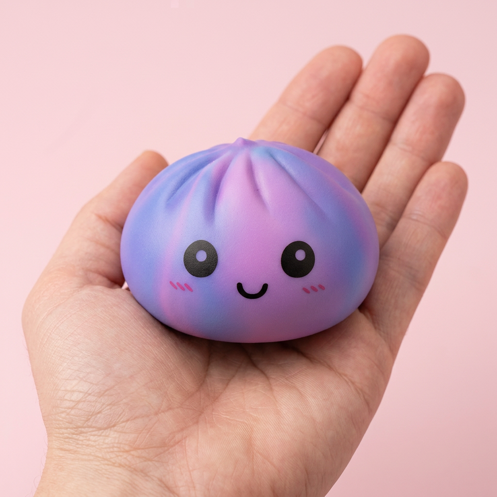 Squishy Dumpling Tie Dye Violeta en la mano, tamaño real