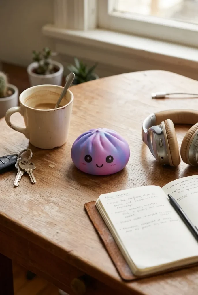 Squishy Dumpling Tie Dye Violeta en un escritorio