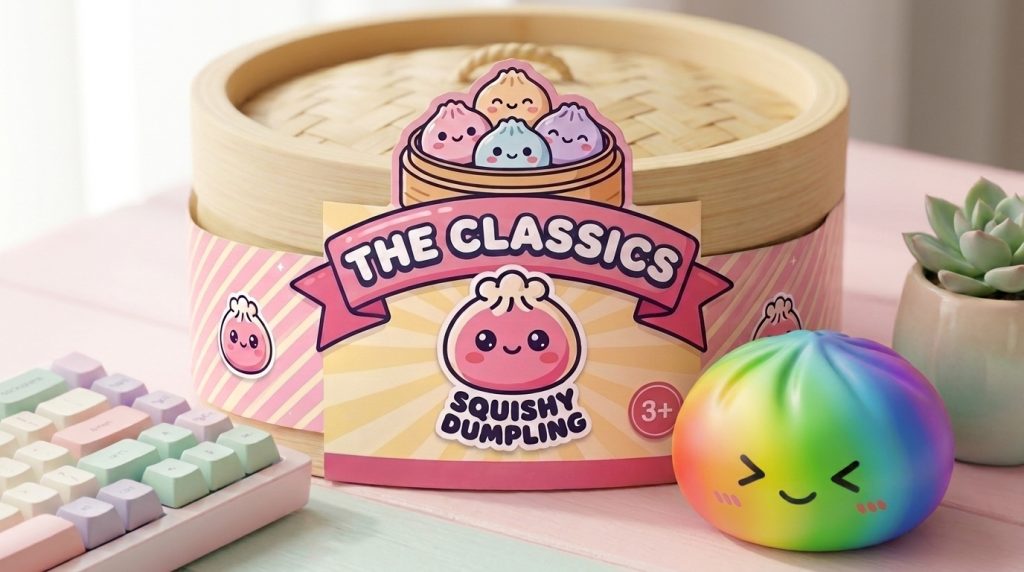 Rainbow Dumpling Squishy Multicolor Kawaii en un ambiente de escritorio