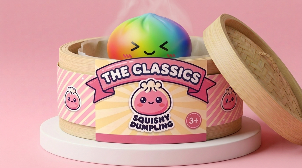 Rainbow Dumpling Squishy Multicolor Kawaii en su cesta de vapor de bambú