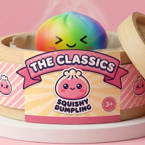 Rainbow Dumpling Squishy Multicolor Kawaii en su cesta de vapor de bambú