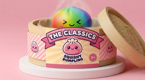 Rainbow Dumpling Squishy Multicolor Kawaii en su cesta de vapor de bambú