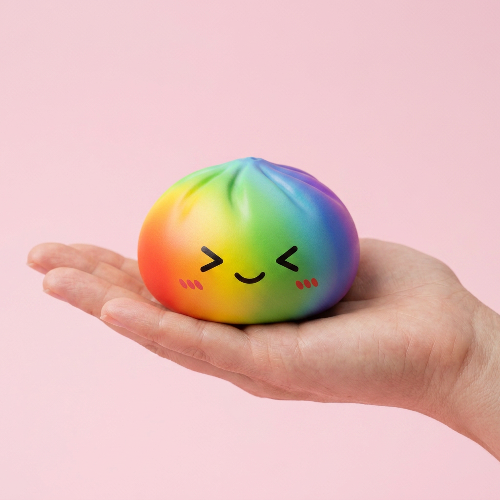 Rainbow Dumpling Squishy Multicolor Kawaii en la mano, tamaño real