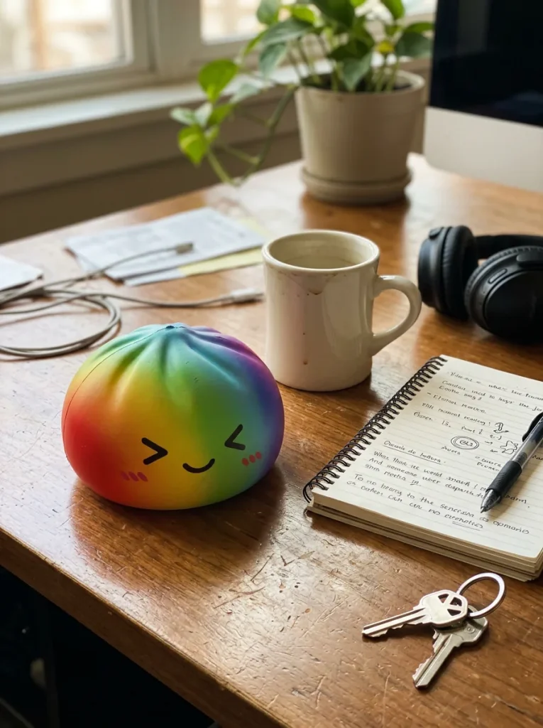Rainbow Dumpling Squishy Multicolor Kawaii en un escritorio