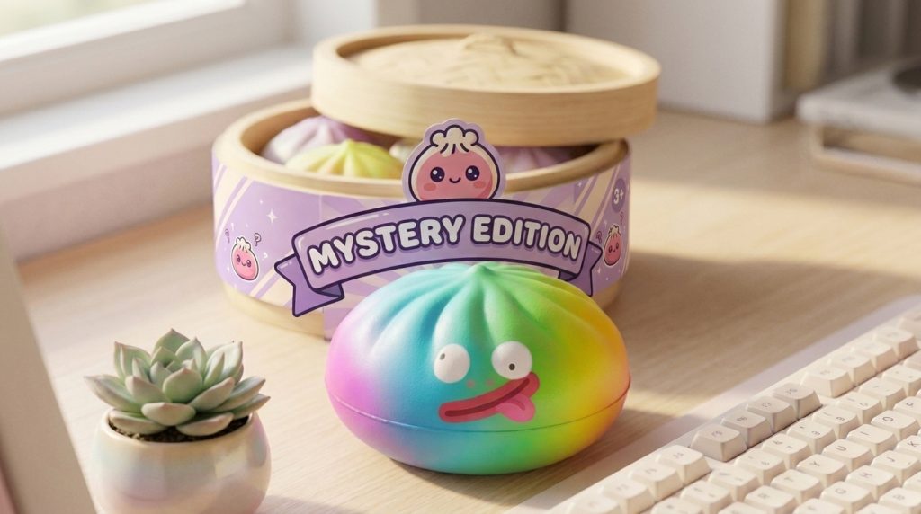 Rainbow Mystery Dumpling Squishy Arcoíris en un ambiente de escritorio
